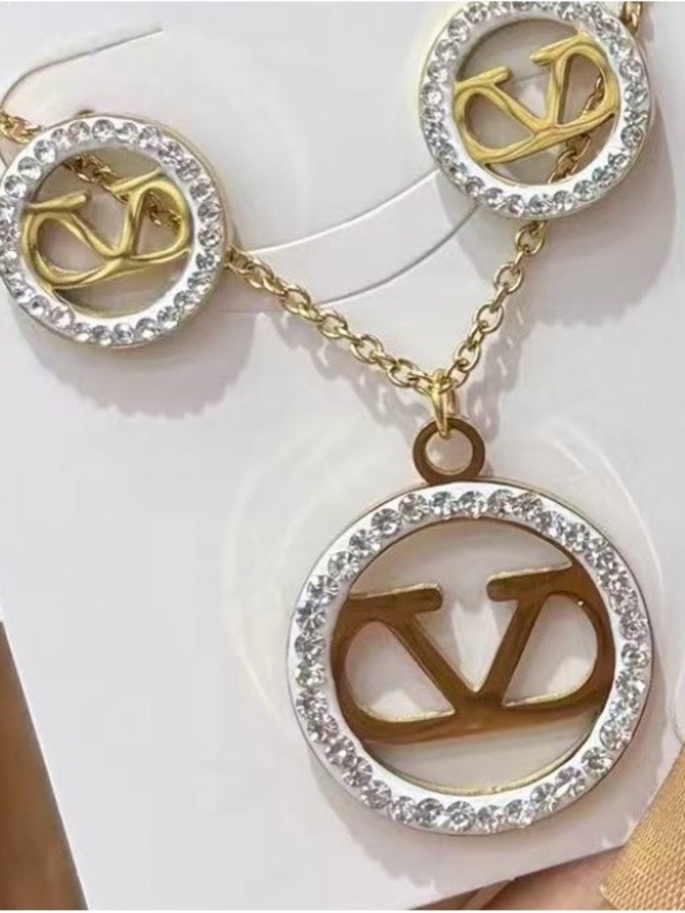Gold Tone Crystal Circle Pendant Necklace and Earrings Set